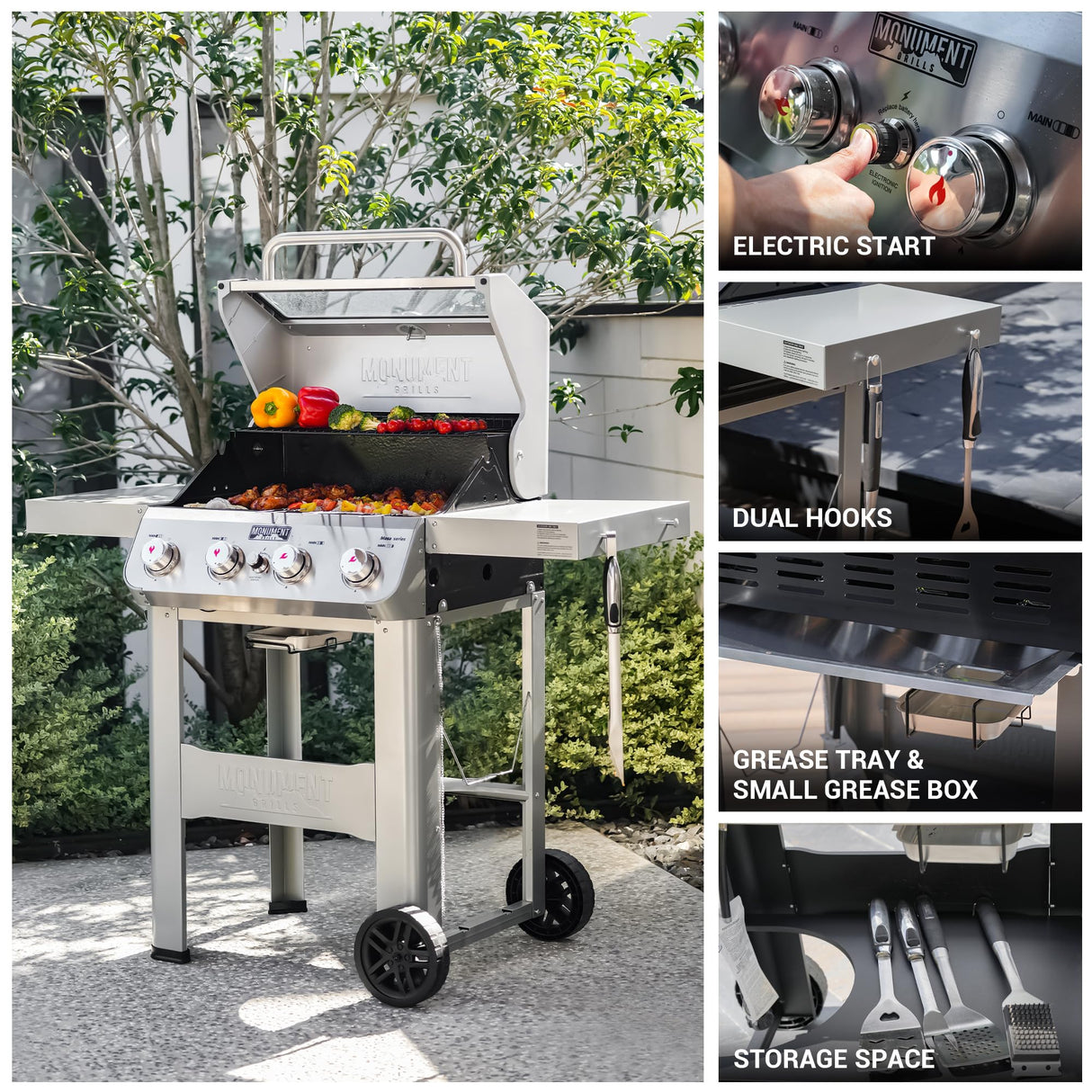 Monument Grills 4-Burner Liquid Propane Gas Grill, Silver Stainless Steel Grill Outdoor Patio Garden Barbecue Grill with Clearview® Lid and One Foldable Shelves, Mesa400MF Monument Grills
