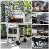 Monument Grills 4-Burner Liquid Propane Gas Grill, Silver Stainless Steel Grill Outdoor Patio Garden Barbecue Grill with Clearview® Lid and One Foldable Shelves, Mesa400MF Monument Grills