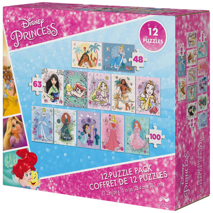 Spin Master Games, Disney Princess, 12-Puzzle Pack with 48-Piece, 63-Piece, & 100-Piece Disney Puzzles for Kids, Christmas Gifts for Kids, for Ages 4+