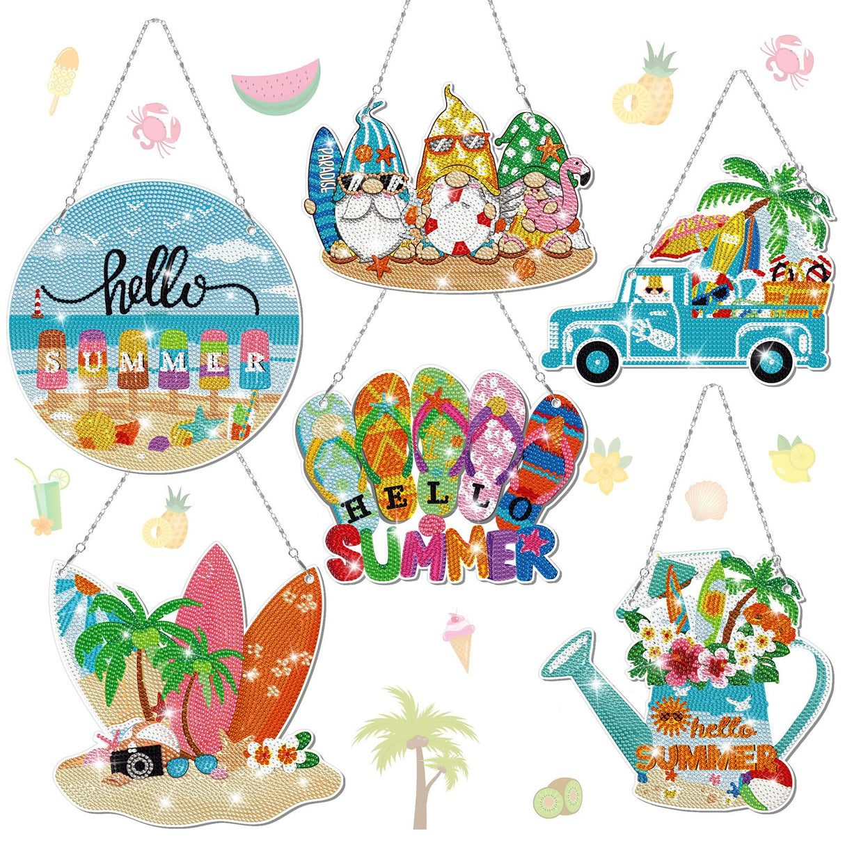 Chitidr 6 Pcs Summer Diamond Painting Hanging Sign Set Beach Gnome Diamond Art Paint Arts Set 5D DIY Ornaments Kits for Summer Wall Door Window Decor Chitidr