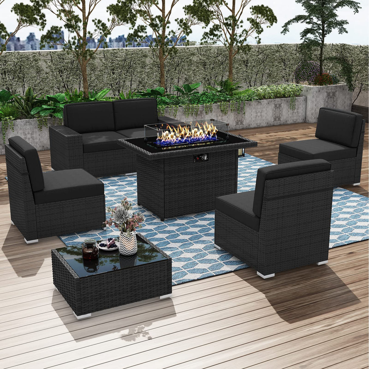 KHOLH 7 Pieces Patio Furniture Conversation Sofa Set with 44" Propane Gas Fire Pit Table, Outdoor Sectional Black Rattan Wicker Sofa Set KHOLH