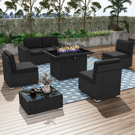 KHOLH 7 Pieces Patio Furniture Conversation Sofa Set with 44" Propane Gas Fire Pit Table, Outdoor Sectional Black Rattan Wicker Sofa Set KHOLH