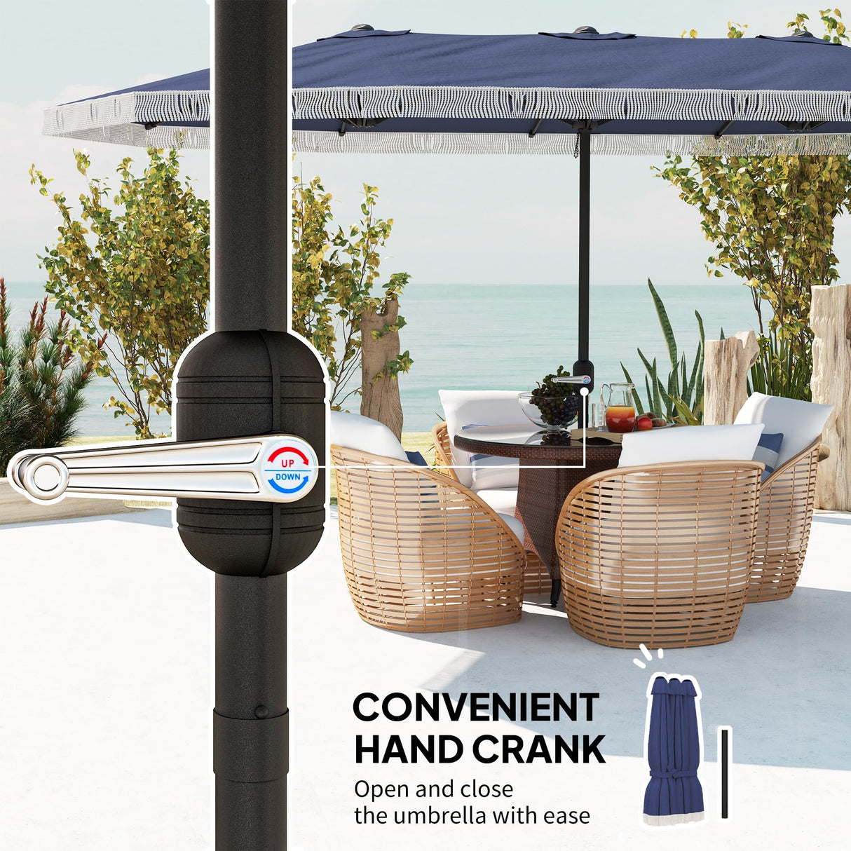Outsunny 15ft Extra Large Patio Umbrella with Fringe, UPF30+ Double-sided Market Umbrella with Easy Crank Handle, 2 Vents for Garden Pool Lawn, Dark Blue Outsunny