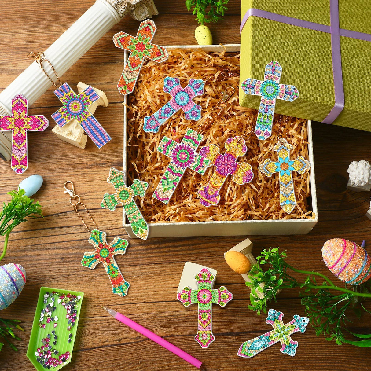 Glenmal 12 Pcs Easter Diamond Painting Keychains Cross Diamond Art Keychains Kits for Adults Religious Crosses Ornaments 5D Key Chain Christian Rhinestones Bookmarks Key Rings for DIY Crafts Gifts Glenmal