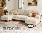 LINSY HOME Sectional Couch, 111'' W Corduroy U Shaped Sofa with Sleepable Armrests, 4 Seat Couch with Double Chaises, Deep Seat Sofa for Living Room, Beige LINSY HOME