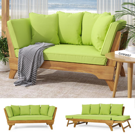 Merax Outdoor Patio Convertible Sofa Couch, Luxury Green Sectional Daybed with High Back & Thick Cushions, Coastal Furniture for Backyard Balcony Poolside, Acacia Wood & Waterr Resistant, Green Merax