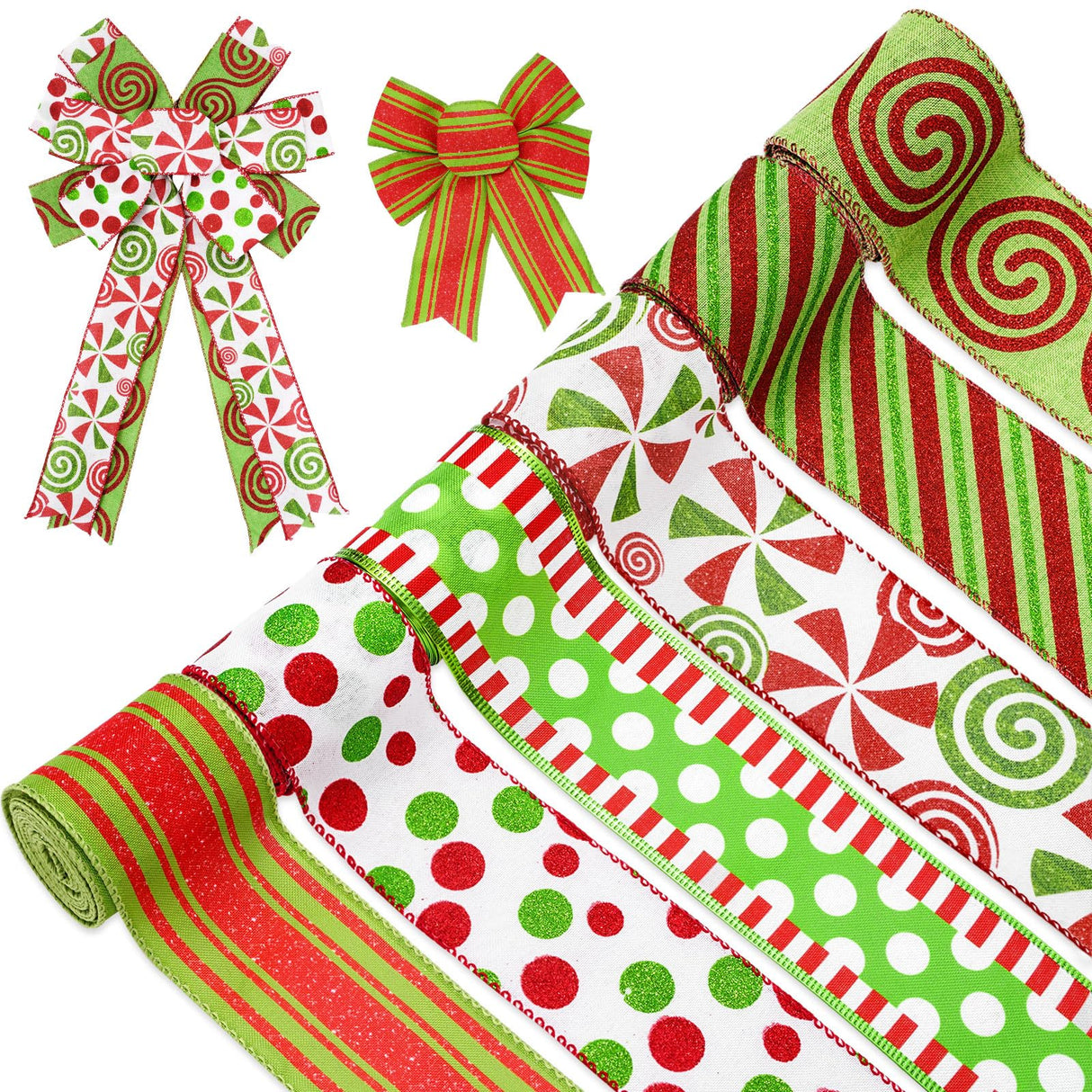 Whaline Christmas Ribbons 36 Yards Dot Stripe Candy Wired Edge Ribbon Red Green Fabric Craft Ribbon for Xmas Wreath Bow Making DIY Crafts Wrapping Supplies, 6 Rolls Whaline
