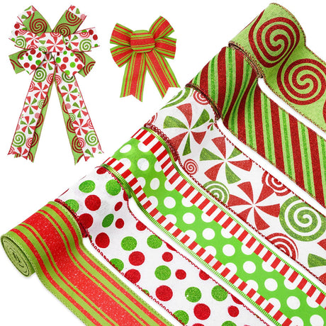 Whaline Christmas Ribbons 36 Yards Dot Stripe Candy Wired Edge Ribbon Red Green Fabric Craft Ribbon for Xmas Wreath Bow Making DIY Crafts Wrapping Supplies, 6 Rolls Whaline