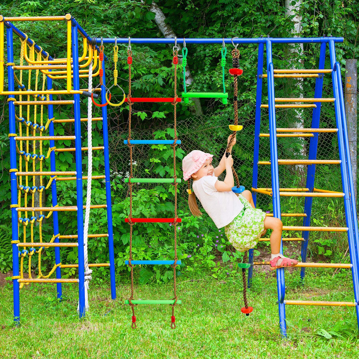 Kawuneeche Ninja Warrior Obstacle Course Kit for Kids Ninja Slackline with 10 Accessories Monkey Bars, Ladder, Climbing Rope, Gym Rings, Swing, Monkey Fist for Backyard Training Equipment Kawuneeche