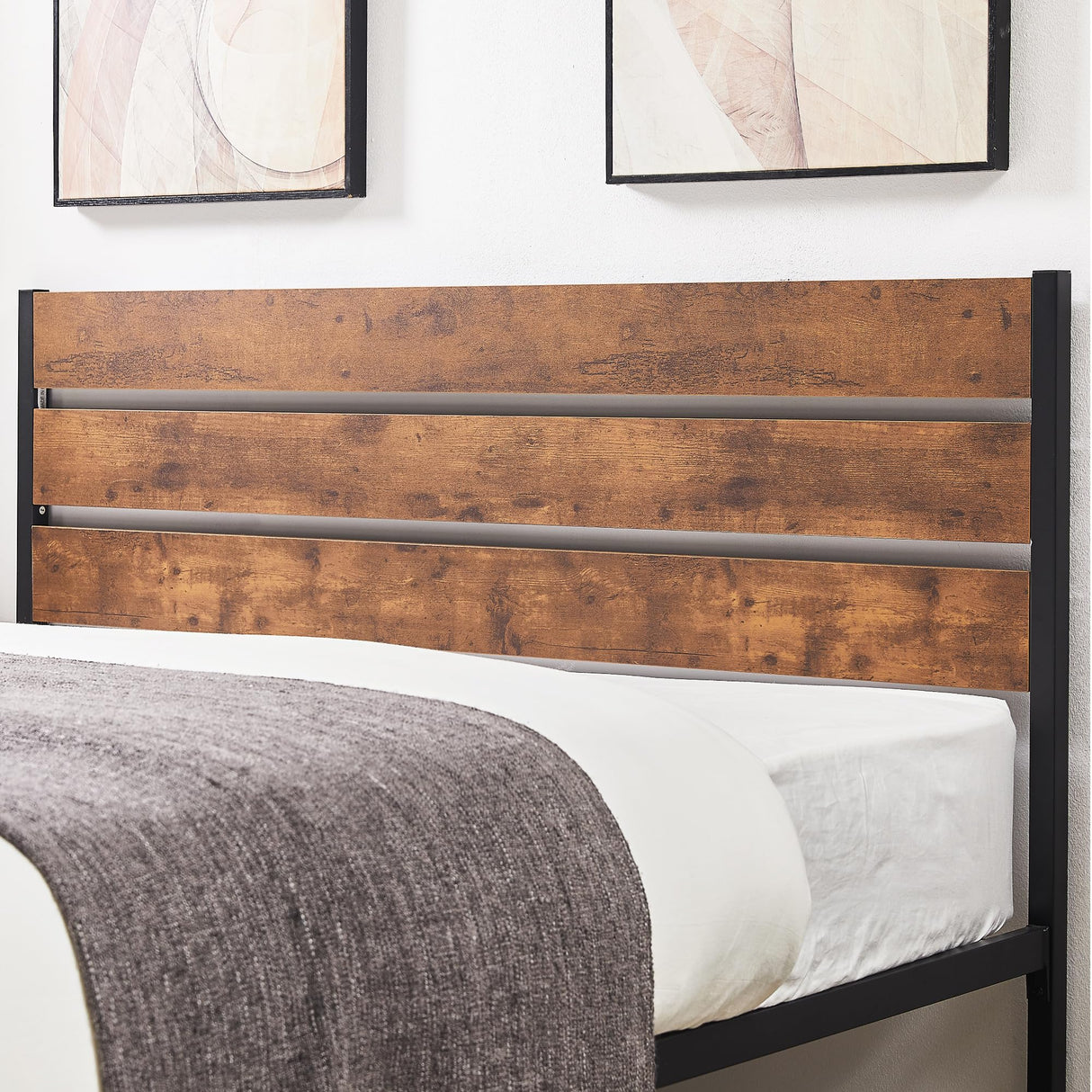 VECELO Rustic Queen Size Bed Frame with Wooden Headboard and Sturdy Slat Support VECELO