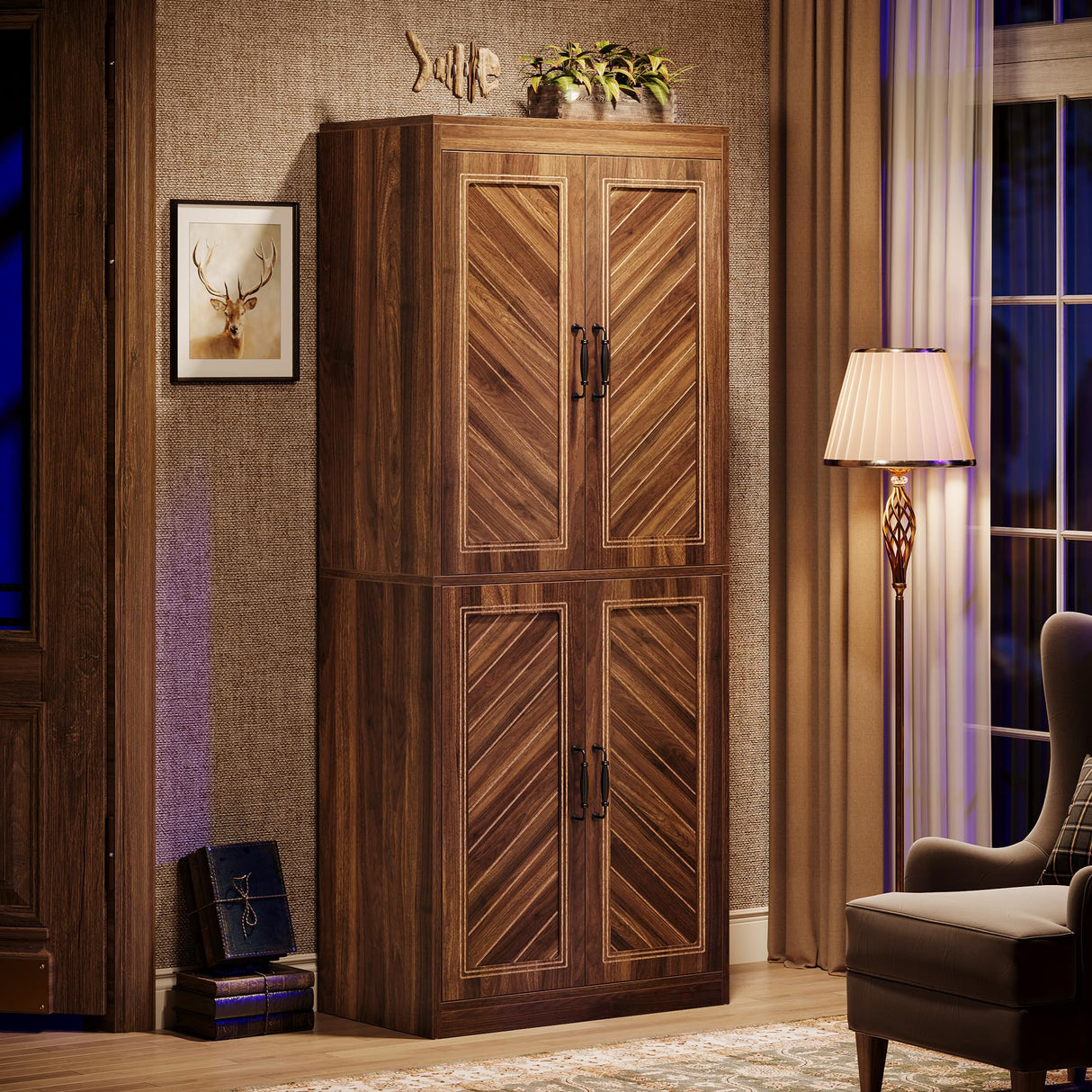 Tribesigns 69" Tall Kitchen Pantry Cabinet, Farmhouse Pantry Kitchen Cabinet with 4 Doors and 4 Adjustable Shelves, Rustic Wood Cupboard for Kitchen, Dining Room, Living Room Tribesigns