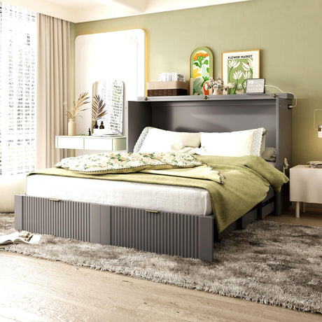 Merax Queen Size Murphy Bed Cabinet with Storage, Wood Folding Wall Bed with Drawer, Sockets & USB Ports, for Guest Room, Home Office, Grey Merax