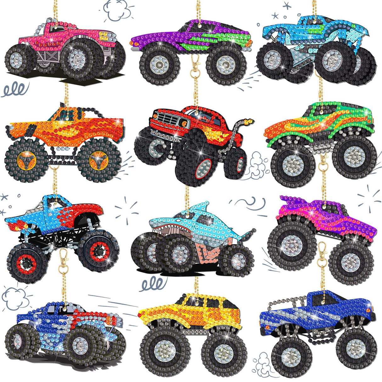 Thinkday 12 Pcs Trucks Diamond Painting Keychains DIY 5d Acrylic Truck Diamond Art Key Chains Vehicle Rhinestone Art Hanging Pendants for Adult Beginners Bags Thinkday