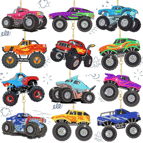 Thinkday 12 Pcs Trucks Diamond Painting Keychains DIY 5d Acrylic Truck Diamond Art Key Chains Vehicle Rhinestone Art Hanging Pendants for Adult Beginners Bags Thinkday