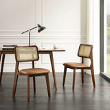 Art Leon Ash Wood Rattan Dining Chairs Set of 2, Genuine Leather Kitchen Chairs, Mid Century Modern Dining Room Chairs with Rattan Back, Armless Side Chairs with Walnut Wood Frame, Brown Art Leon