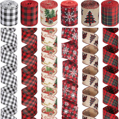 Boao 6 Rolls Christmas Wired Ribbons 2.5 Inch x 24 Yards Buffalo Red White Black Plaid Ribbons Vintage Truck Trees Glittered Snowflake Wired Edge Ribbon for Christmas DIY Wrapping Wedding Floral Craft Boao