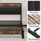 LIKIMIO Vintage Brown and Black Twin Bed Frame with Storage Headboard and Charging Station LIKIMIO