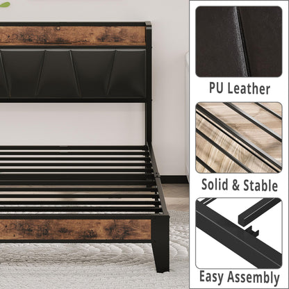 LIKIMIO Vintage Brown and Black Twin Bed Frame with Storage Headboard and Charging Station - WoodArtSupply