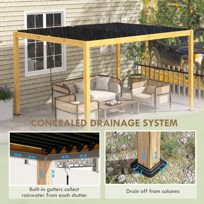 Outsunny 10' x 13' Louvered Pergola, Aluminum Outdoor Pergola with Adjustable Roof, Hardtop Gazebo for Patio, Deck, Garden, Yard, Beach, Black Roof and Natural Frame - WoodArtSupply