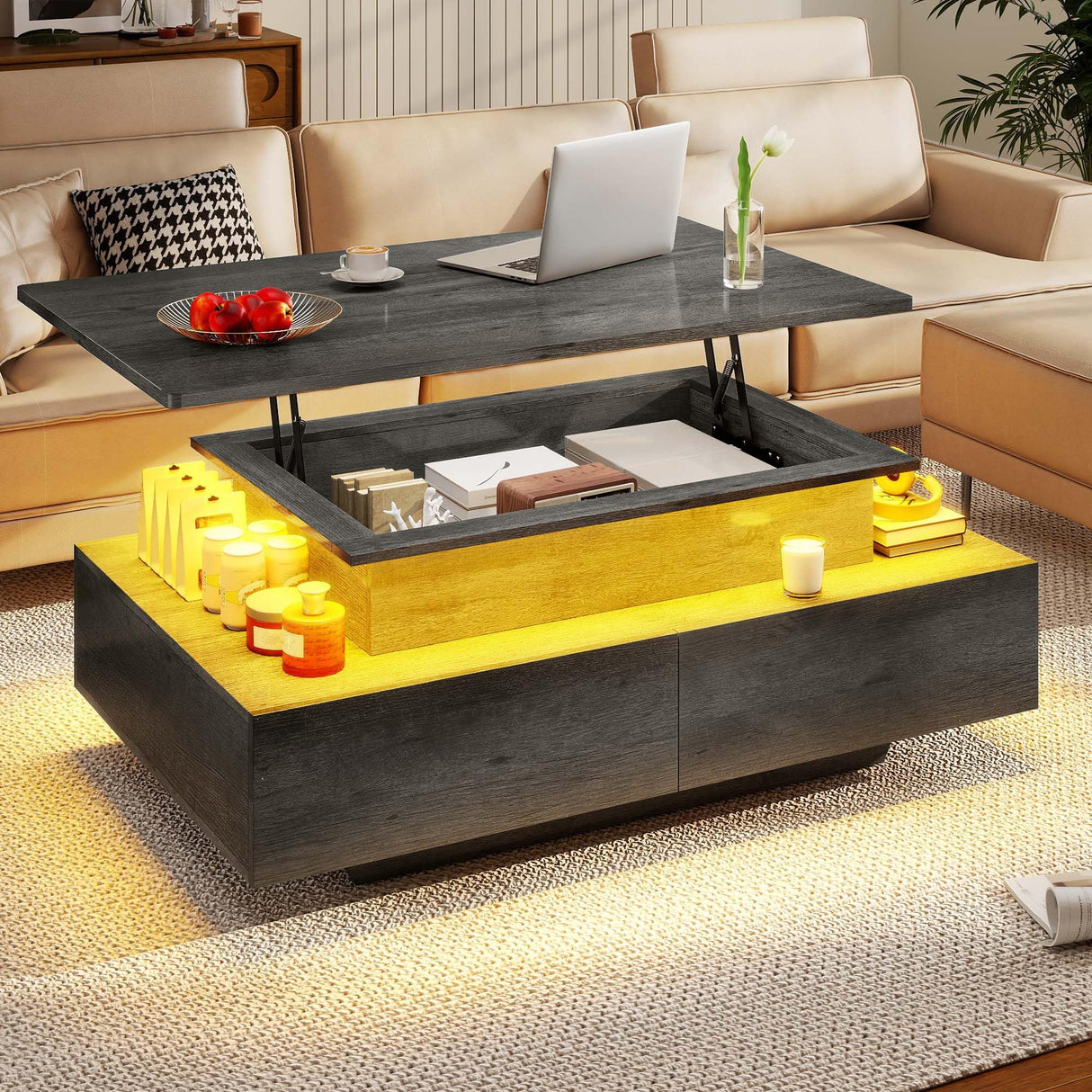 DWVO LED Lift Top Coffee Tables for Living Room, Rectangular Coffee Table with 4 Spacious Drawers, Modern Center Table with Lifting Top for Home Decor, Grey DWVO