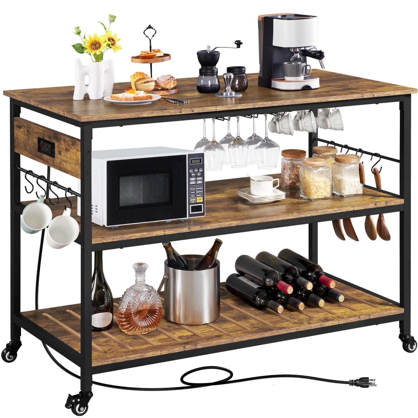 Yaheetech Kitchen Island with Power Outlet, Rolling Kitchen Cart with Wine Rack & Glass Holder & Hooks, Coffee Bar Microwave Stand Wine Rack Table for Dining Room, 47.5" W x 24" D, Rustic Brown