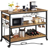 Yaheetech Kitchen Island with Power Outlet, Rolling Kitchen Cart with Wine Rack & Glass Holder & Hooks, Coffee Bar Microwave Stand Wine Rack Table for Dining Room, 47.5" W x 24" D, Rustic Brown Yaheetech