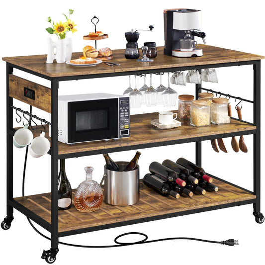 Yaheetech Kitchen Island with Power Outlet, Rolling Kitchen Cart with Wine Rack & Glass Holder & Hooks, Coffee Bar Microwave Stand Wine Rack Table for Dining Room, 47.5" W x 24" D, Rustic Brown