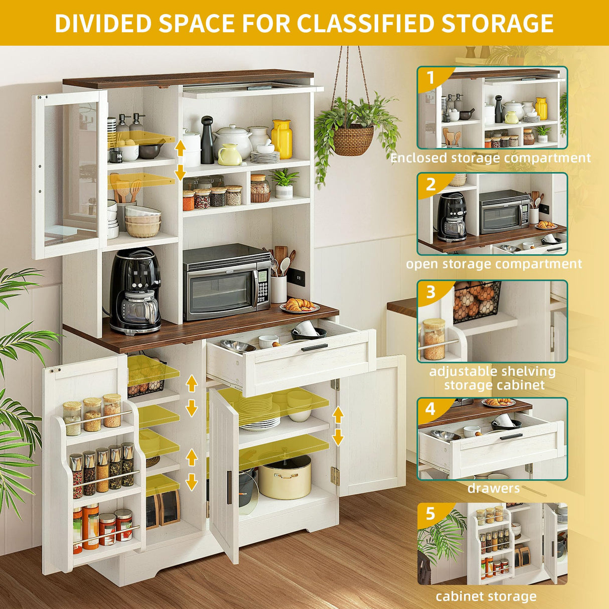 DWVO Tall Kitchen Pantry Storage Cabinet with Power Outlet, Farmhouse Storage Cabinets with Door & Shelves,Kitchen Hutch Buffet Cabinet with Microwave Stand, Walnut White DWVO