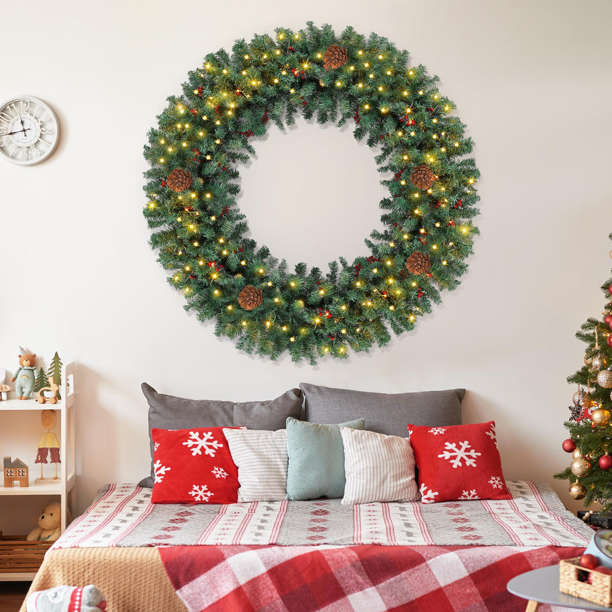 Prelit Christmas Wreath 48 Inches Large Outdoor Christmas Wreath 162 Warm White LED Lights, Artificial Lighted Christmas Wreath Winter Wreath with 460 PVC Tips Vivid Pine Cones and Berry Clusters Abbrevi
