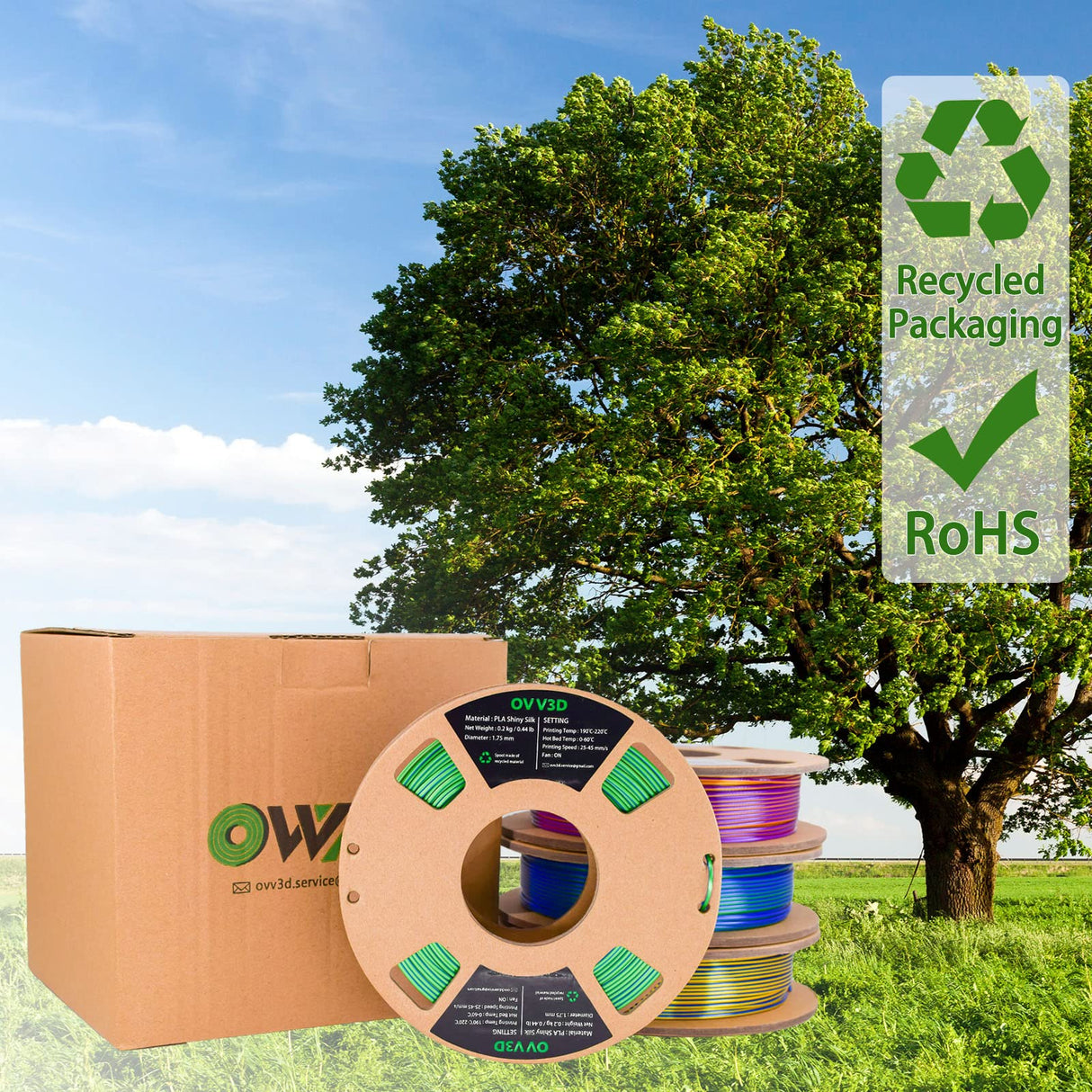 PLA Filament 1.75mm, Tri-Colors 3D Printer Filament, Rainbow PLA Filament Bundle, Coextrusion 3D Filament with Silk PLA Color Change, 3D Printing Filament +/-0.02mm, 200g X 4 Spool OVVNYXE