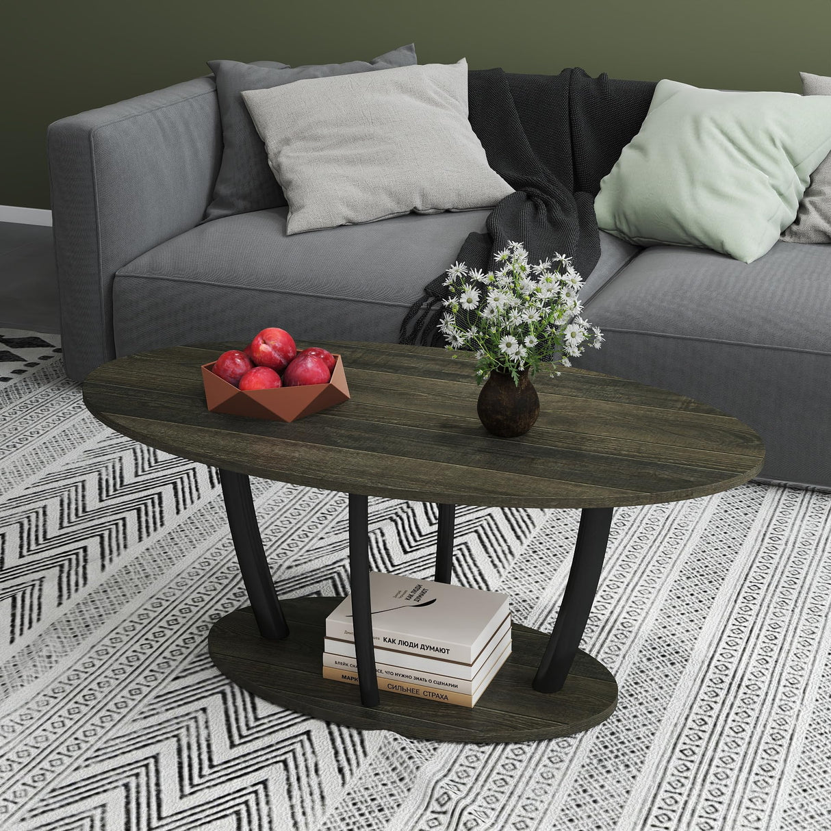 Manora Rustic Small Oval Coffee Table for Living Room, Narrow Wood Center Table with Shelf, Retro Style Coffee Table with Curved Metal Legs, Stable and Easy Assembly, Gray Manora
