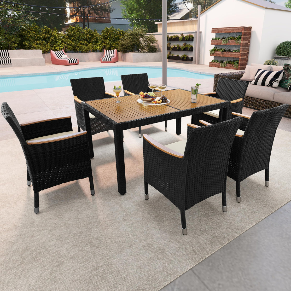 Yaheetech 7 Piece Patio Furniture Set, Outdoor Dining Acacia Wood Table Top Rattan Conversation Set with Soft Cushions, 6 Chairs & 1 Table for Backyard, Deck, Garden & Yard, Black/Beige Yaheetech