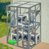 Linkhoo Large Wood Outdoor Catio Cat Enclosure with Weatherproof Roof and Food Bowl, Cat House Cage Playpen w/ 2 Jumping Platforms & 7 Napping Houses, Walk-in Kitty Kennel Indoor Condo Shelter, Grey LINKHOO