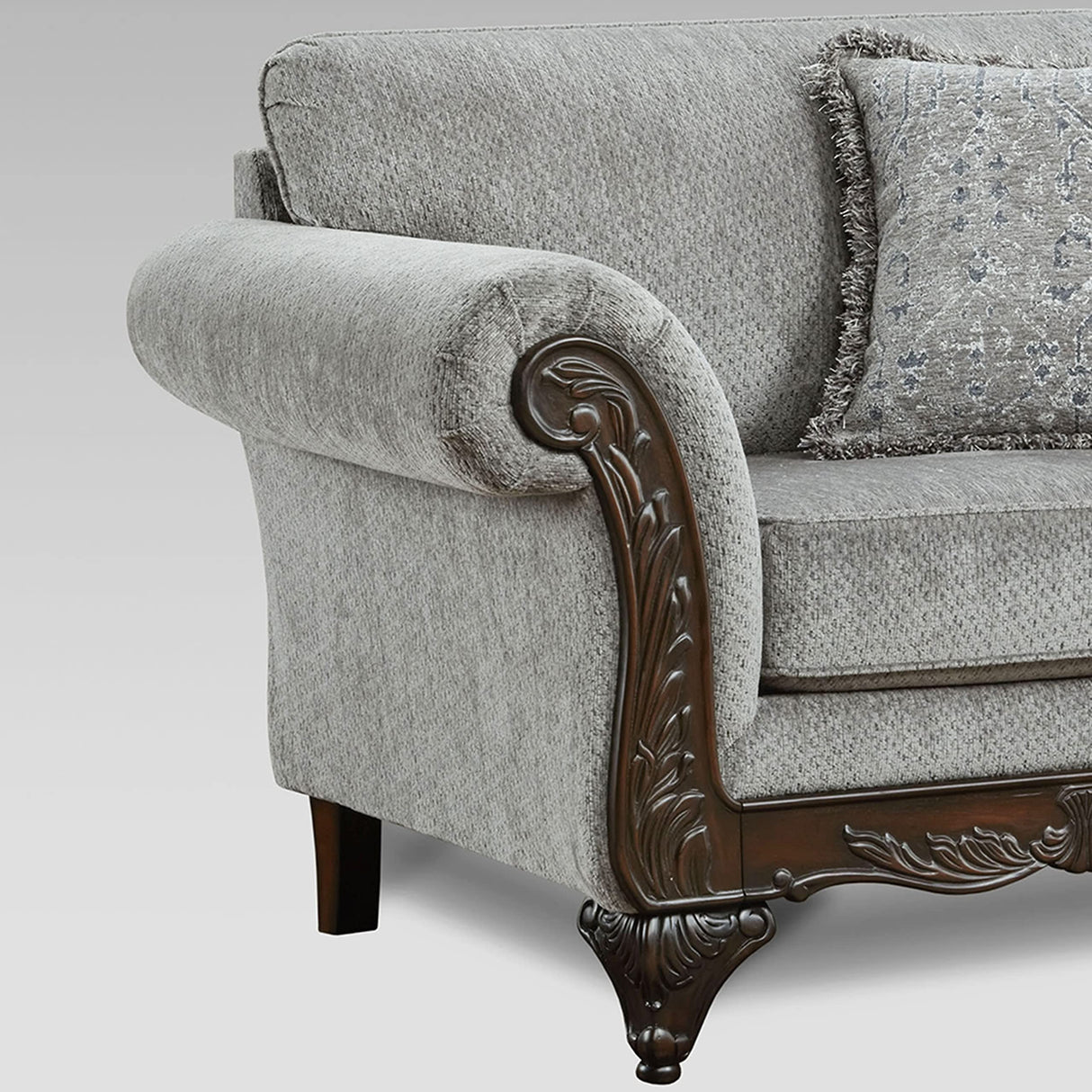Roundhill Furniture Hernen Carved Wood Frame Sofa and Loveseat Set, Gray Roundhill Furniture