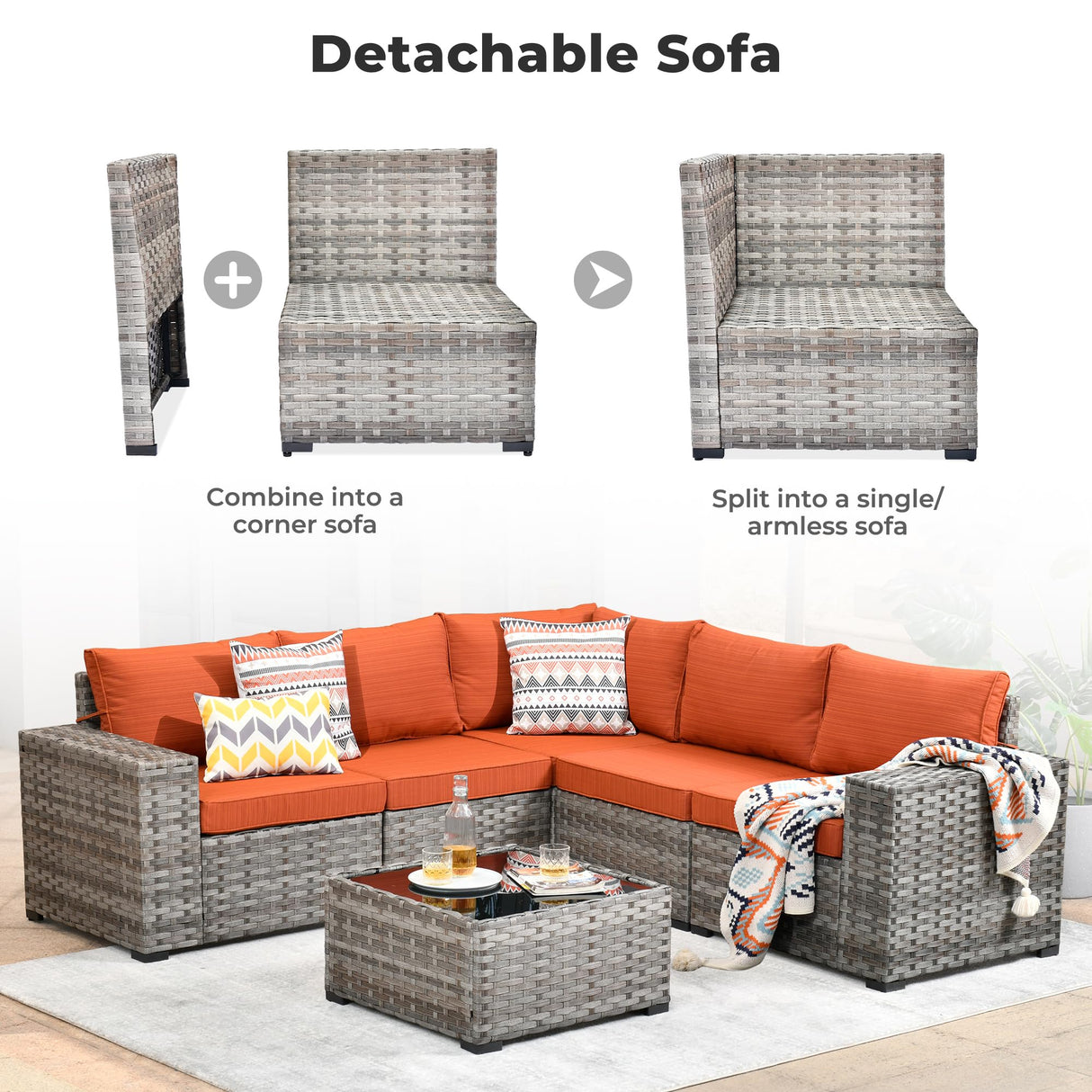 ovios 6 Pieces Patio Furniture Set, Outdoor Wicker Sectional Sofa with Glass Table Comfy Cushions, Modern Modular Deep Seat Couch Rattan Conversation Set, Orange Red ovios