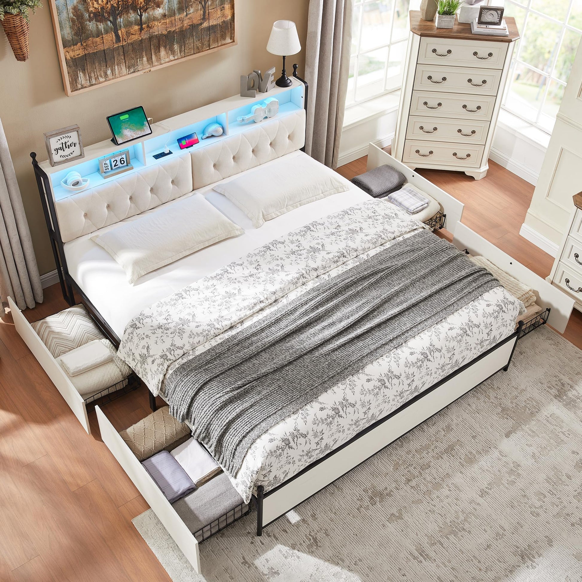 T4TREAM Antique White Queen Bed Frame with Storage and Charging Station - WoodArtSupply