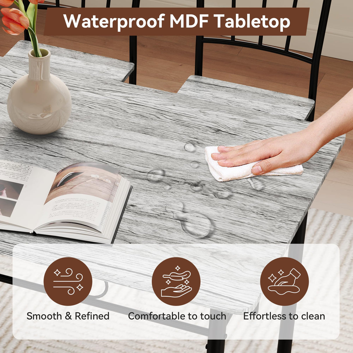 Vipbear Kitchen Dining Table Set for 4, 5-Piece Kitchen Table Set,Dining Room Table Sets,Rectangular Kitchen Table Set with 4 Chairs for Small Space, Dinette,Apartment,Rustic Grey Vipbear