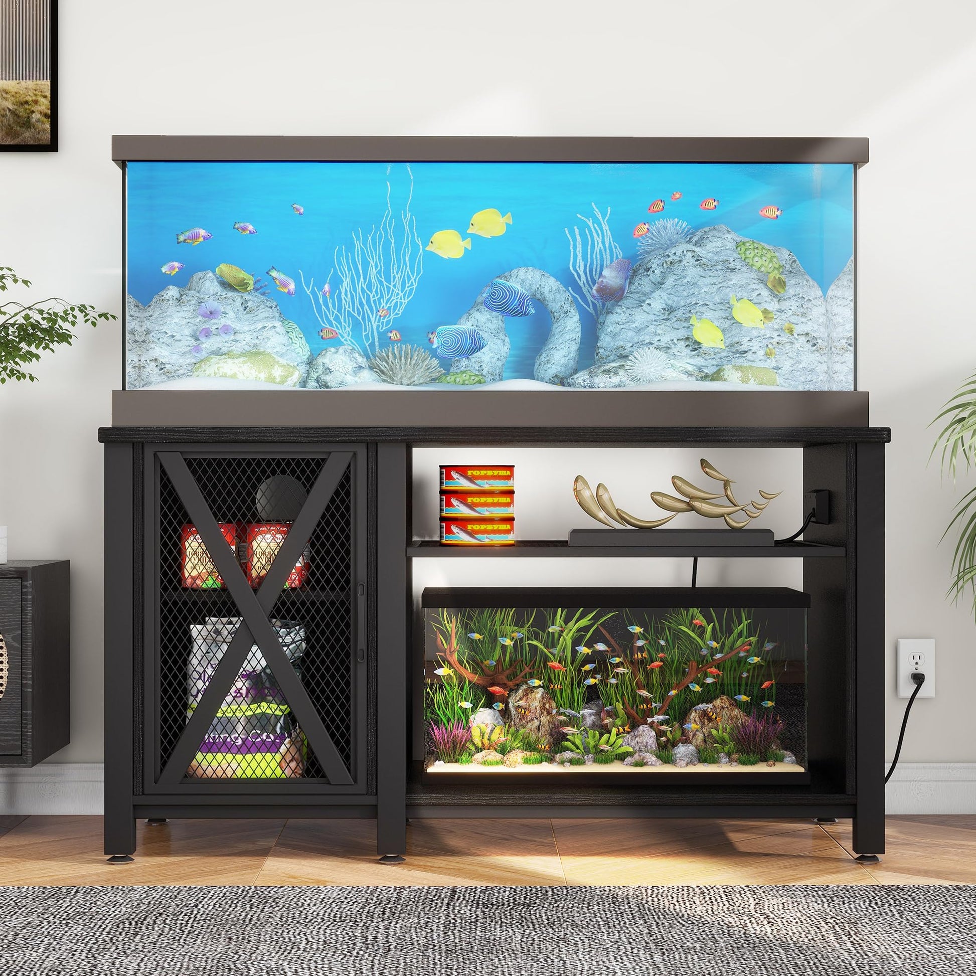 YITAHOME Heavy Duty 55-75 Gallon Aquarium Stand with Power Outlets, Cabinet for Fish Tank Accessories Storage - Metal Fish Tank Stand Suitable for Fish Tank, Turtle Tank, 880LBS Capacity, Bla - WoodArtSupply