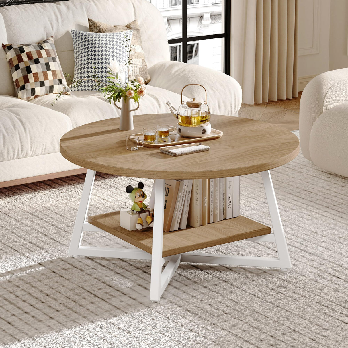Coffee Table for Living Room, Round Coffee Table, Small Circle Coffee Table with Storage, Modern Wood Round Center Table for Home Office, Small Space, Easy Assembly, Light Coffee Homeiju