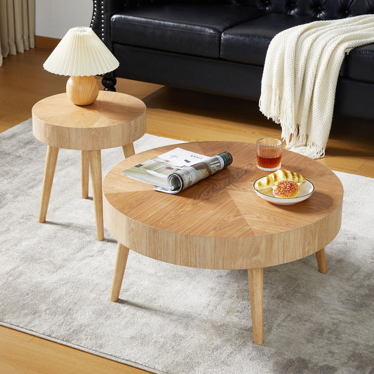 2-Piece Modern Farmhouse Living Room Coffee Table Set, Modern Wood Grain Pattern Natural Wood Finish Side Table and End Table Set for Living Room, Bedroom, Cafe, Office, Wood Color