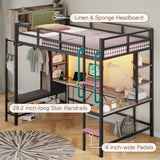 Twin Loft Bed with L-Shaped Desk, Metal Twin Size Loft Bed for Kids with Storage Headboard&Hall Tree, 2 Fabric Drawers, LED Lights&Charging Station, Safety Guard & Ladder, No Box Spring Needed (Gray) Dnxao