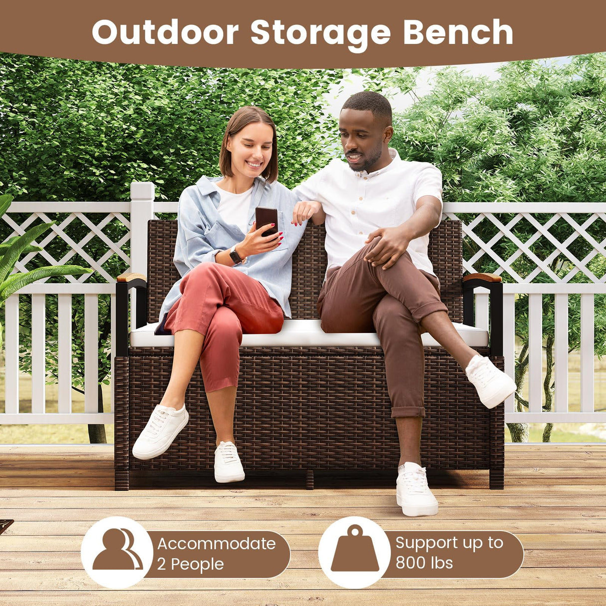 Tangkula 46 Gallon Outdoor Bench with Storage, Outdoor PE Rattan Storage Bench with Cushion, Backrest & Acacia Wood Armrests, Metal Frame, Waterproof Deck Box Seat for Porch Backyard Poolside Tangkula