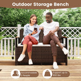 RELAX4LIFE Wicker Outdoor Storage Bench - Rattan Deck Box w/Protective Liner for Patio Furniture Pillows, Pool Supplies & Garden Tools, Porch Loveseat with Seat Cushion, Acacia Wood Armrests RELAX4LIFE