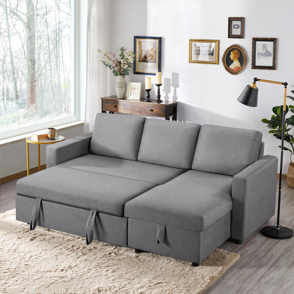 Yaheetech Sleeper Sofa Pull Out Sofa Bed 2 in 1 Sectional Sleeper Couches with Chaise L-Shaped Reversible Daybed with Pull Out Bed & Storage for Living Room Bedroom Apartment Light Gray Yaheetech