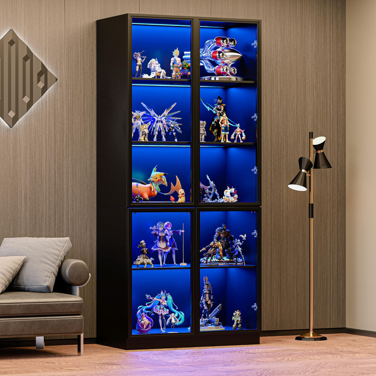 Jartoil Display Cabinet with Glass Doors & Lights, 5-Tier LED Storage Curio Cabinet, Trophy Display, Lighted Display Bookcase for Home Office, Black Jartoil