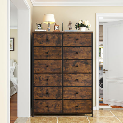 EnHomee Tall Dresser, Dresser for Bedroom with 12 Drawers Tall Bedroom Dresser for Bedroom, Large Fabric Dresser with Wood Top, Metal Frame for Closets, Living Room, Entryway, Rustic Brown