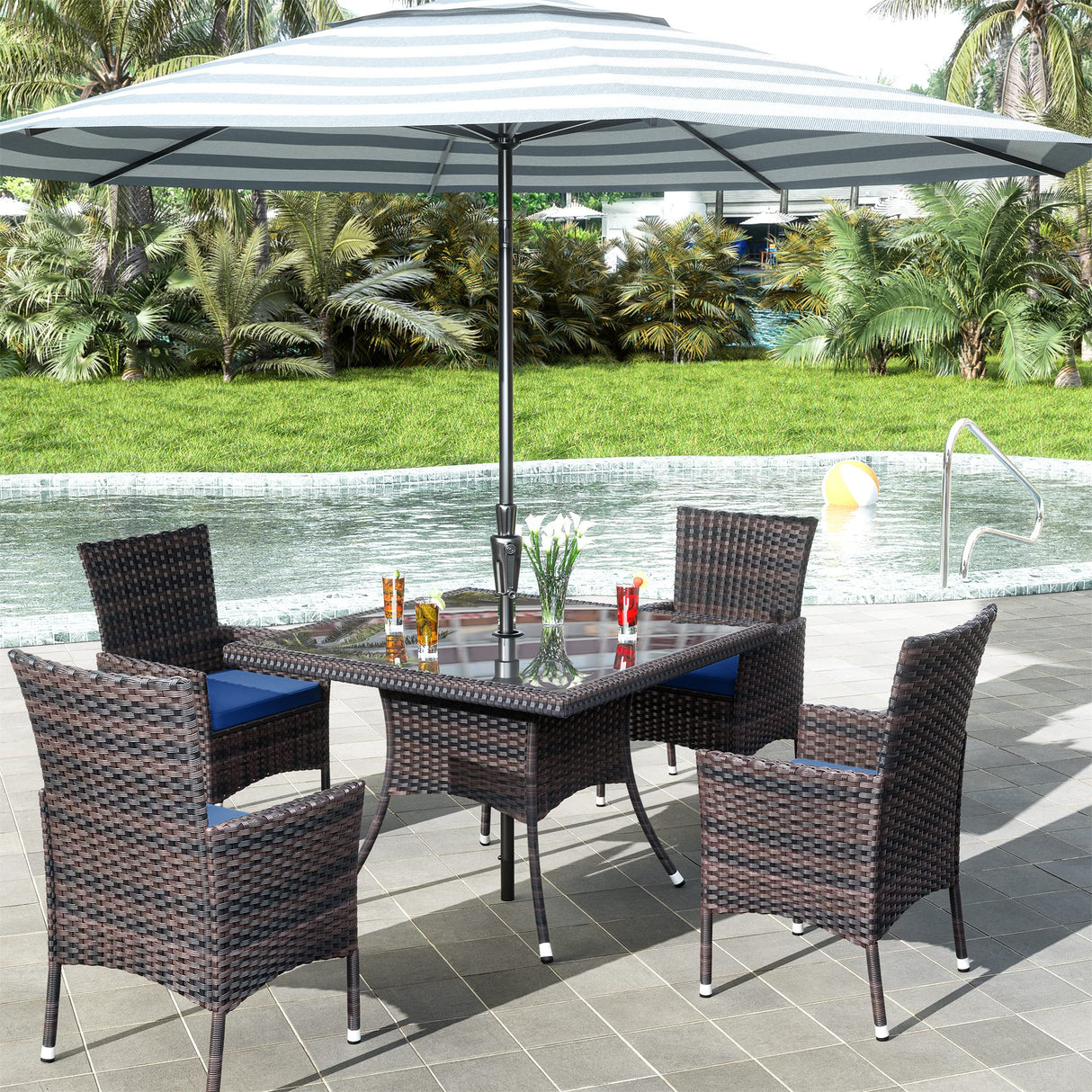 RTDTD 15 Pieces Patio Dining Set Outdoor Rattan Furniture Dinning Set with 3 Square Glass Tabletops 12 Chairs with Navy Blue Cushions for Patio, Backyard Outdoor Kitchen Lawn & Garden RTDTD
