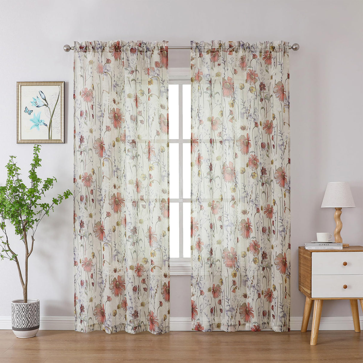 OWENIE Crushed Semi Sheer Curtains 72 Inches Length 2 Panels, Floral Pattern Design Rod Pocket Light Filtering Farmhouse Curtains for Bedroom Living Room, 2 Pieces Total 84 Inch Wide, 72 inch Long OWENIE