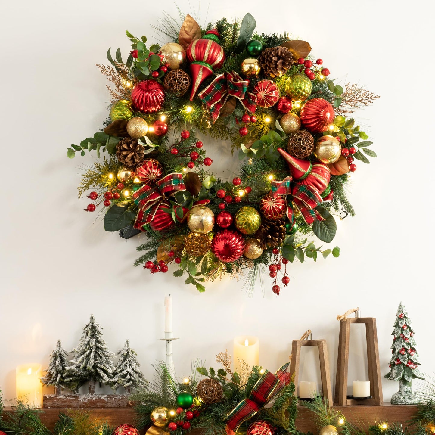 Valery Madelyn Pre-Lit Christmas Wreath for Front Door with Lights, 30 Inch Large Lighted Christmas Wreath with Red Green Gold Xmas Ball Ribbon for Fireplace Window Table Centerpiece Decoration