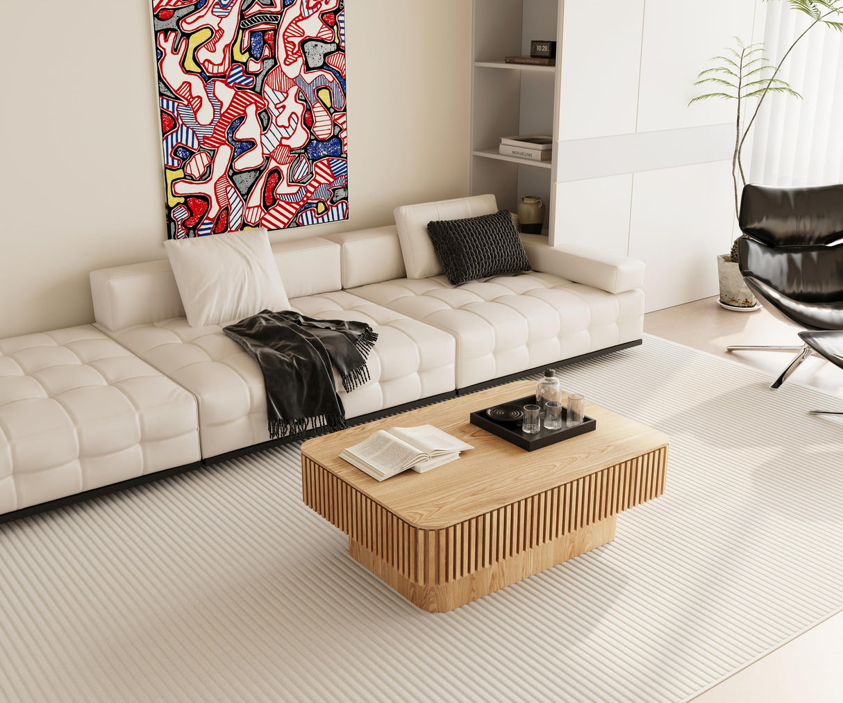 38.6" Square Lift Top Coffee Table, Modern Fluted Tea Table with Hidden Storage for Living Room, Apartment or Office, Natural Wood KIGFTSOD